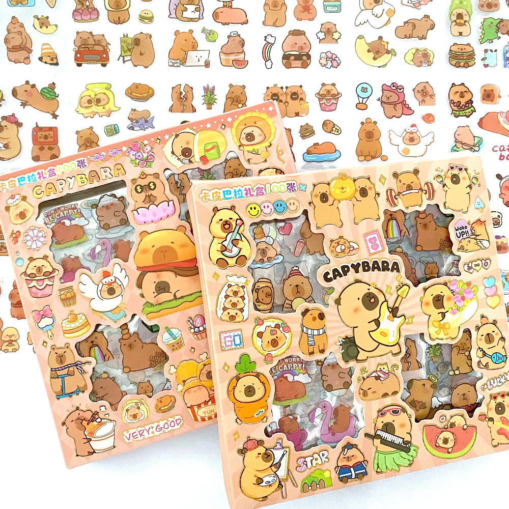 100 Chiếc Kawaii Capybara Doodle Dán Hộp Quà Tặng | Đề can PET chống nước được chứng nhận cho tạp chí & tiện ích công nghệ