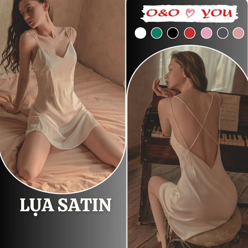 Đầm áo ngủ hai dây chéo liền thân chất liệu lụa satin cao cấp A12988 O&O mềm mại, thoáng mát