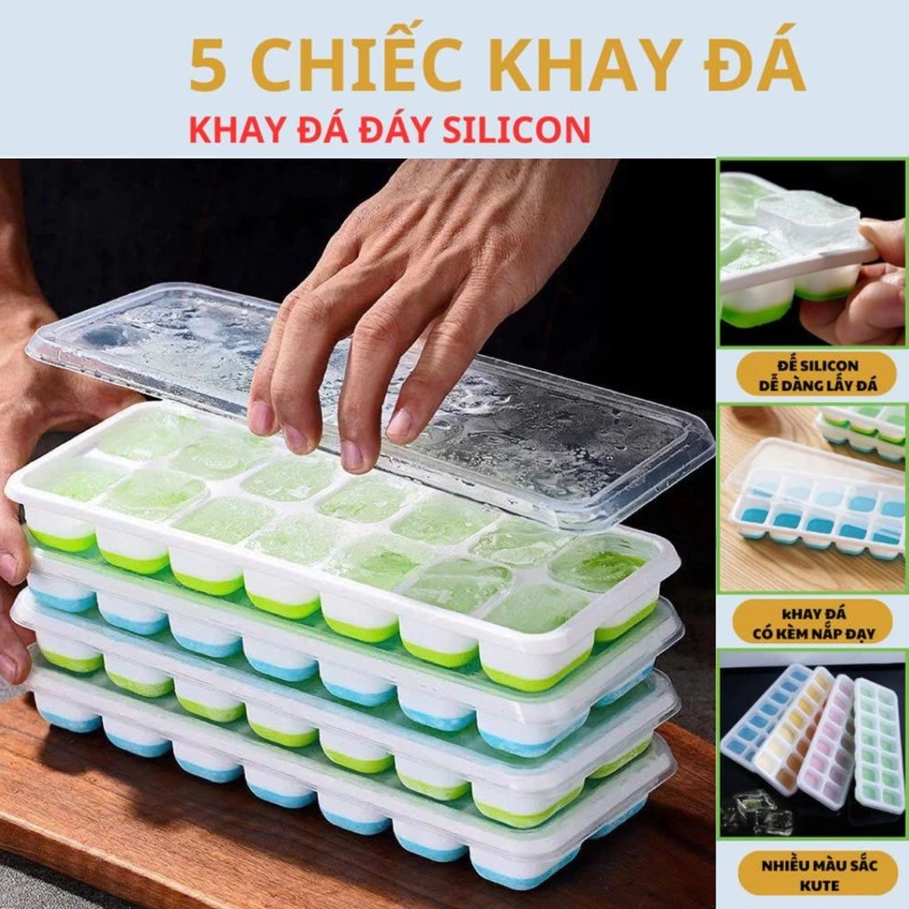 COMBO 5 Khay Làm Đá Silicon 14 Viên Có Nắp Đậy - Khuôn Làm Đá Tủ Lạnh Bảo Quản Chống Mùi Gia Dụng Số 1 Việt Nam