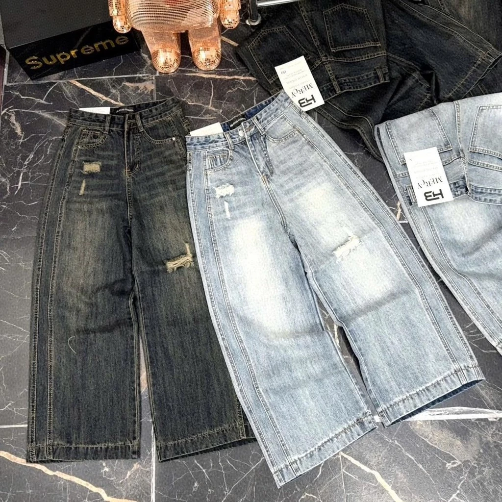 (95CM)- Quần Jean Nữ Ong Suông Rách Nhẹ Viền sườn ,  Đủ Size S/M/L ( S01 - Quần suông nấm ) 6400
