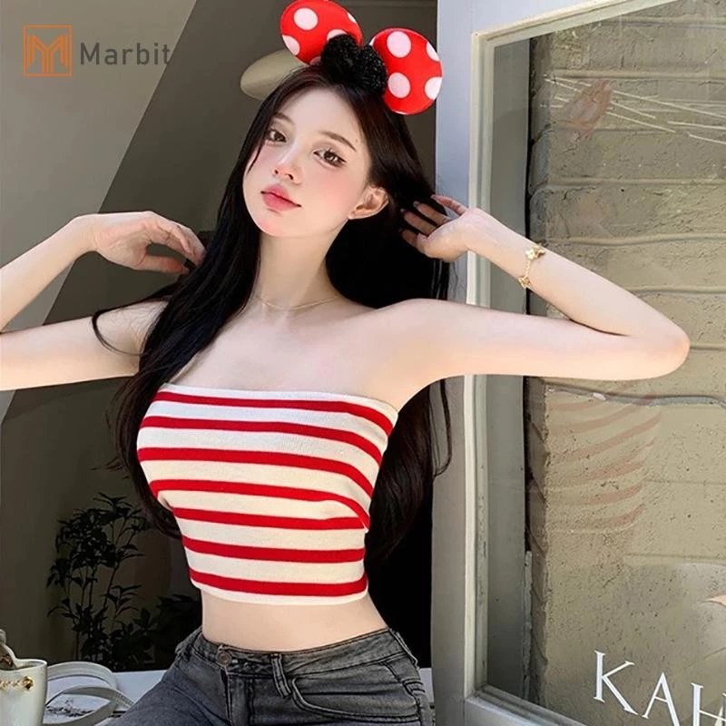 Marbit Mùa Hè Sọc Dệt Kim Camisole Nữ Gợi Cảm Không Tay quây Ôm Crop Top Mới