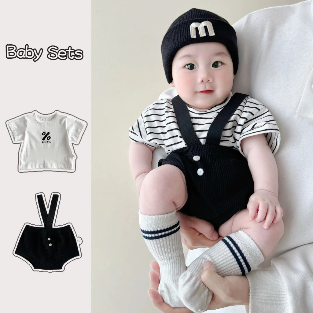 Bộ áo thun màu trắng mùa hè có quần yếm màu đen Quần áo trẻ em 0-24 tháng tuổi