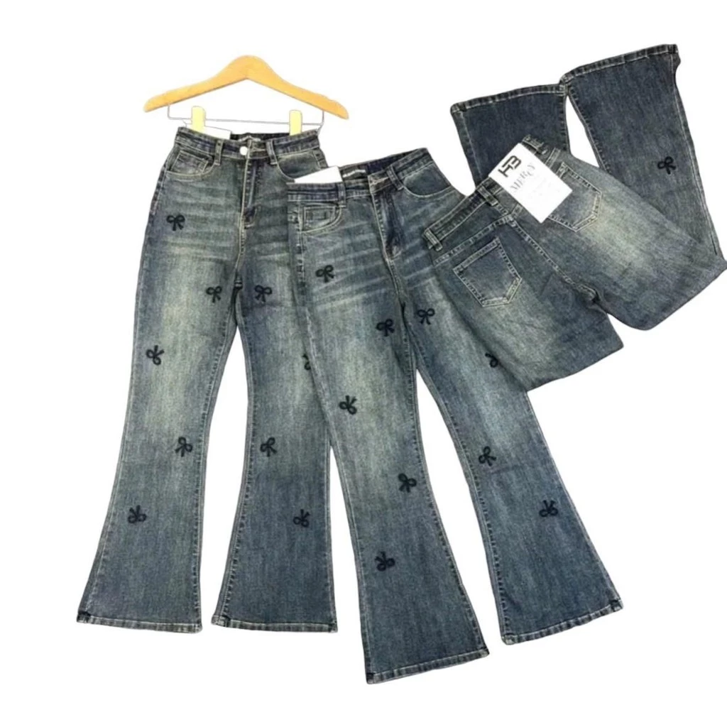 (89/90cm) Quần Jean Nữ Ống Loe Trơn Thêu Nơ ,  Đủ Size S/M/L ( L01 - quần loe lỡ ) 6098