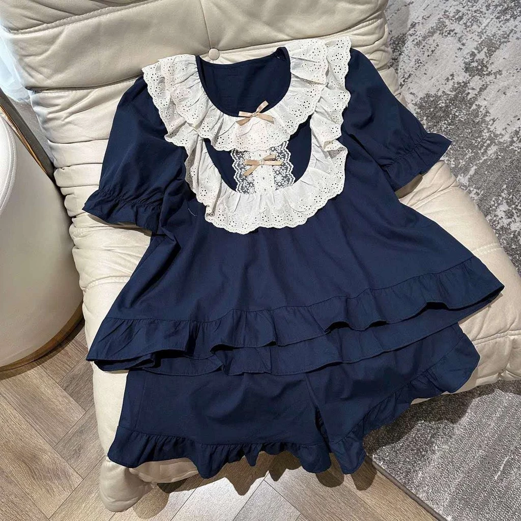 [SẴN] 805_Bộ ngủ nữ, pijama ngắn tay dáng babydoll màu xanh than chất cotton | Hàng QCCC | 9scat