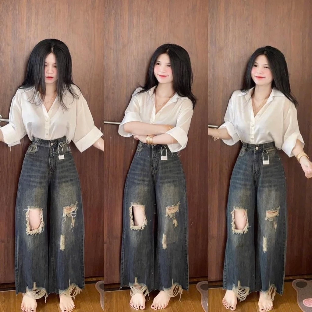 (96-97cm) Quần Jean Nữ  Suông Nấm Rách Lớn Lai Cắt Tua QC . Jean ko giãn . Đủ Size S/M/L ( S01 - Quần suông nấm ) 821