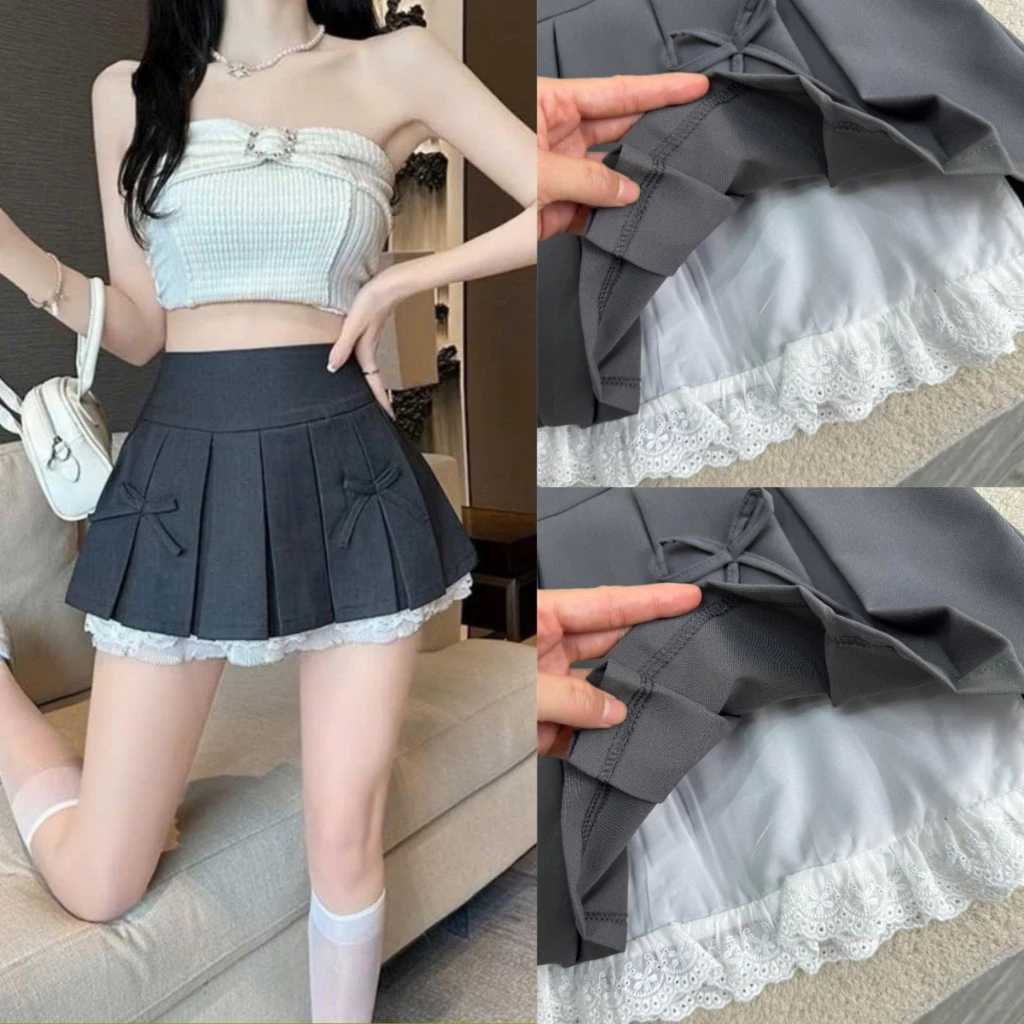 Chân váy A bigsize nữ dập ly lưng cao phối ren nơ khóa kéo vải tây đứng form kèm quần bảo hộ cho các chuppy xinh CV419
