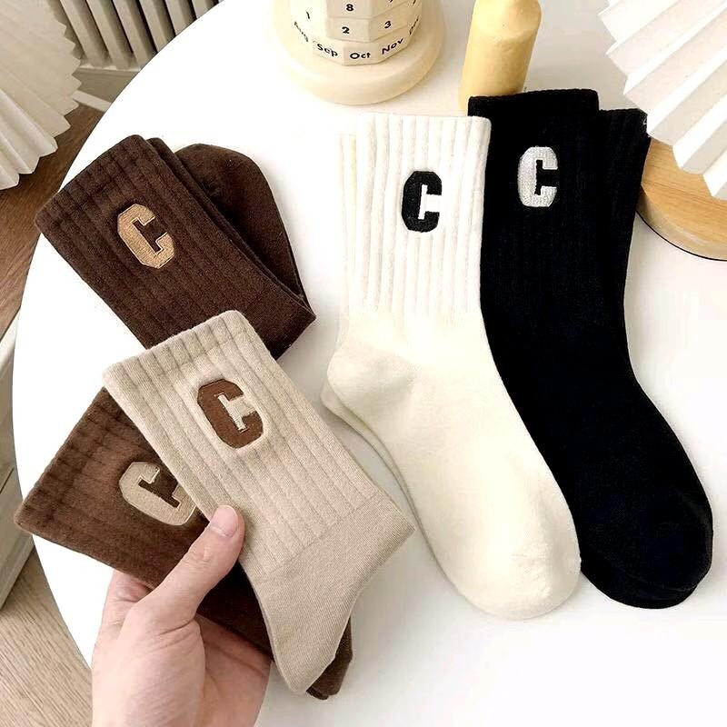 [Combo 10 Đôi] Tất Cổ Cao Nữ Họa Tiết Chữ C - Vớ Cổ Cao Nam Nữ Chất Liệu Cotton Co Giãn Thoáng Khí  Giay zep Store