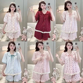 [DEAL MỞ BÁN] Bộ Đồ Ngủ Nữ JUSOKA Pijama Cổ Sen Vạt Ren Trắng Chất Đũi Hàn Siêu Xinh DU01 Nhiều Họa Tiết Dễ Thương