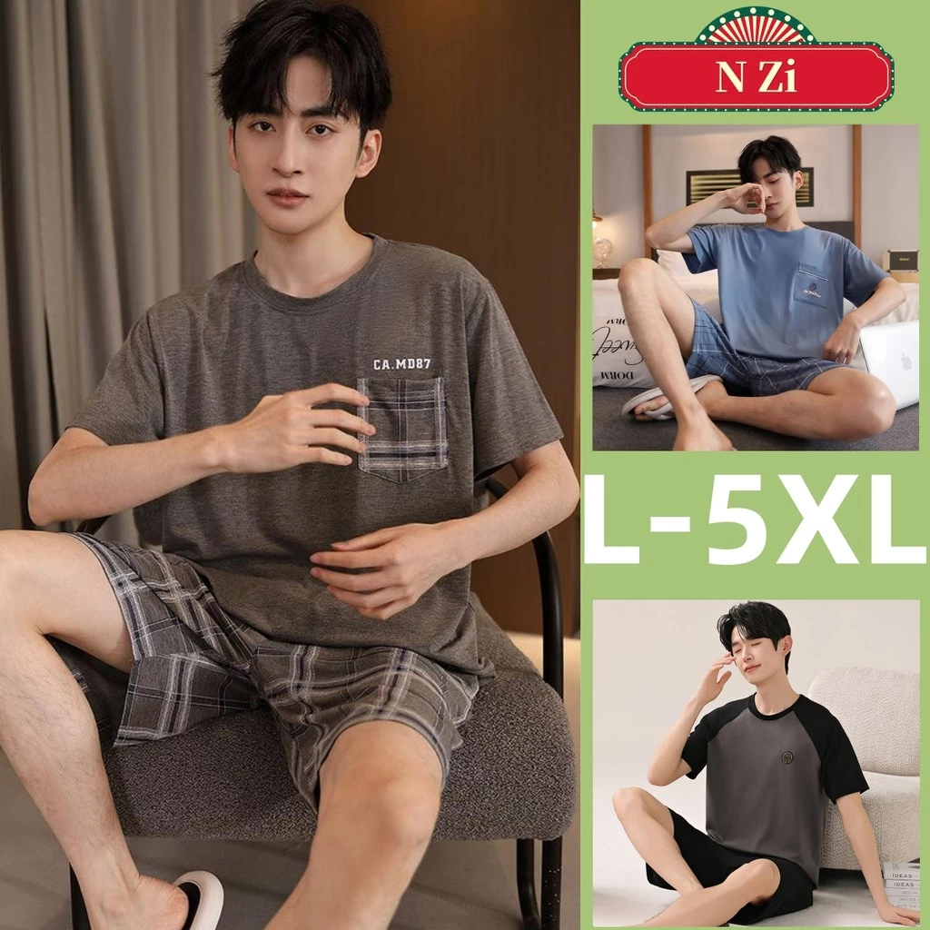 L-5XL Bộ Đồ Ngủ Nam Modal Bộ Đồ Ngủ Mùa Hè Tay Ngắn Đồ Ngủ Người Cotton Phong Cách Đơn Giản Plus Kích Thước Mặc Ban Đêm Mỏng