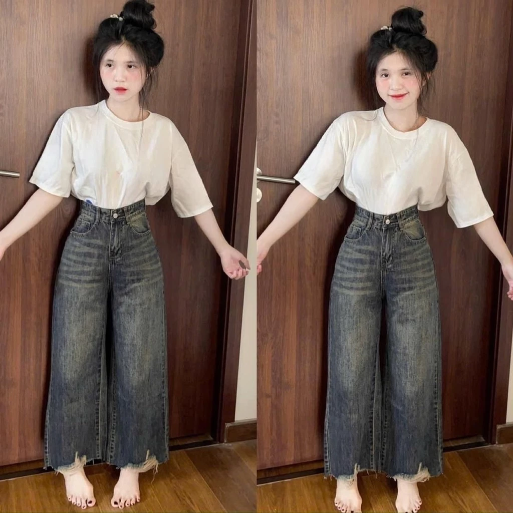 (97CM) Quần Jean Nữ  Suông Nấm Rách Lai QC . Jean ko giãn . Đủ Size S/M/L ( S01 - Quần suông nấm ) 818