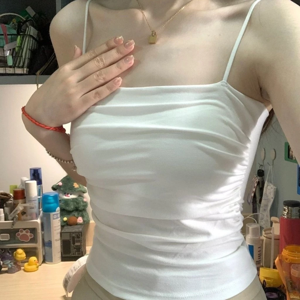 Áo camisole trắng xếp ly có áo ngực tích hợp, áo vest không tay ôm sát cho phụ nữ