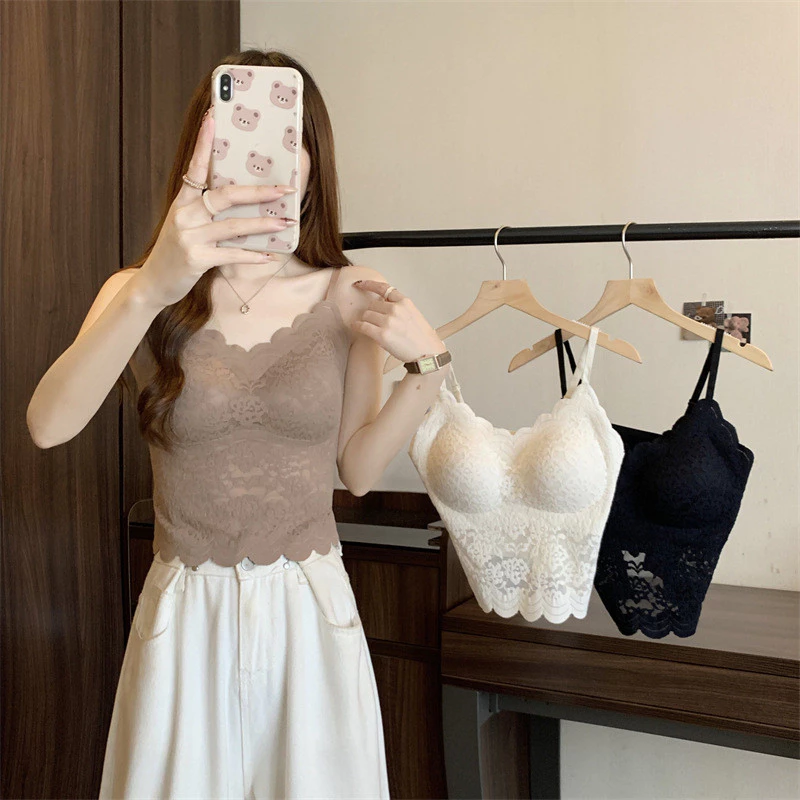 Áo camisole ren jacquard thêu Pháp với đệm áo ngực tích hợp cho phụ nữ