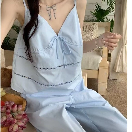 801_ bộ ngủ 2 dây pijama nữ chất cotton màu trắng xanh basic | Hàng QCCC | 9scat