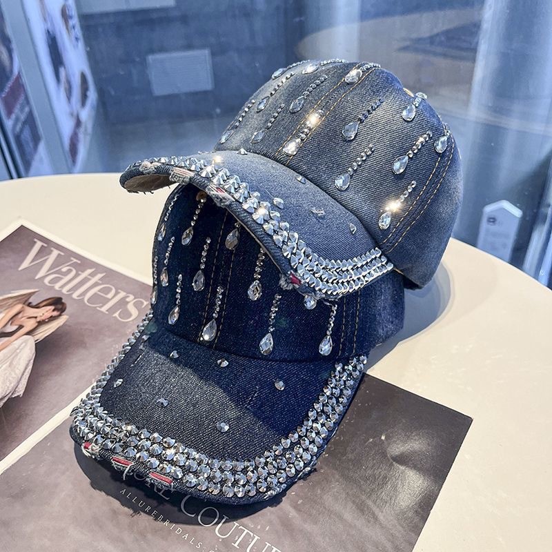 Mũ bóng chày phong cách Anh bằng vải denim với đá rhinestone, mũ duckbill thời trang cho phụ nữ và người lớn