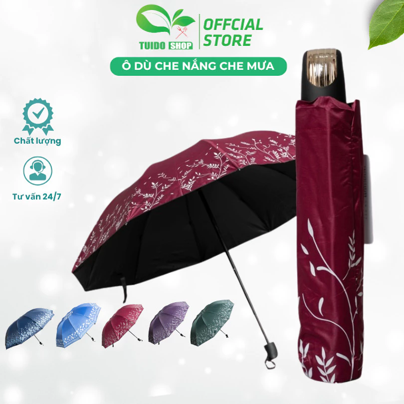Ô Dù Cán Vàng Viền Hoạ Tiết Che Mưa Che Nắng 10 Nan Chống Tia UV, Chịu Gió Tốt - TUIDO SHOP