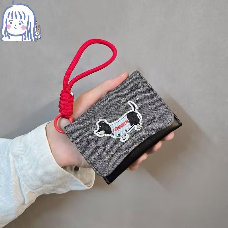 Hộp đựng thẻ PU hoạt hình Dachshund, Ví dây buộc chống mất cho nữ