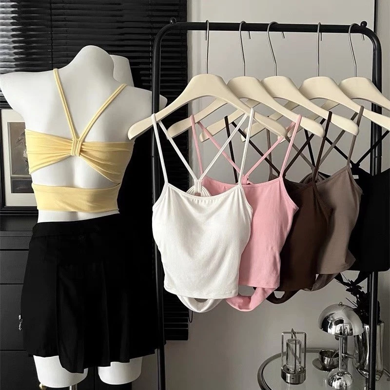 Áo vest không tay sexy hở lưng với dây đeo chéo và đệm mềm, áo ống đa năng cho phụ nữ