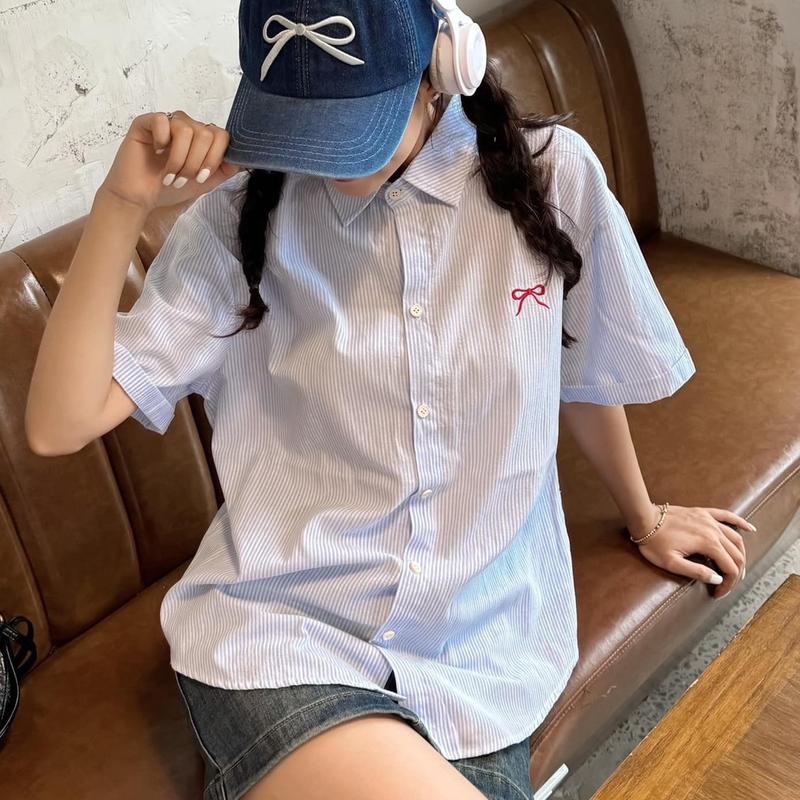 Áo mi kẻ sọc tay ngắn thêu nơ xinh xắn A204 Nữ Top Women thường áo cánh & áo mi somitim sơ minu