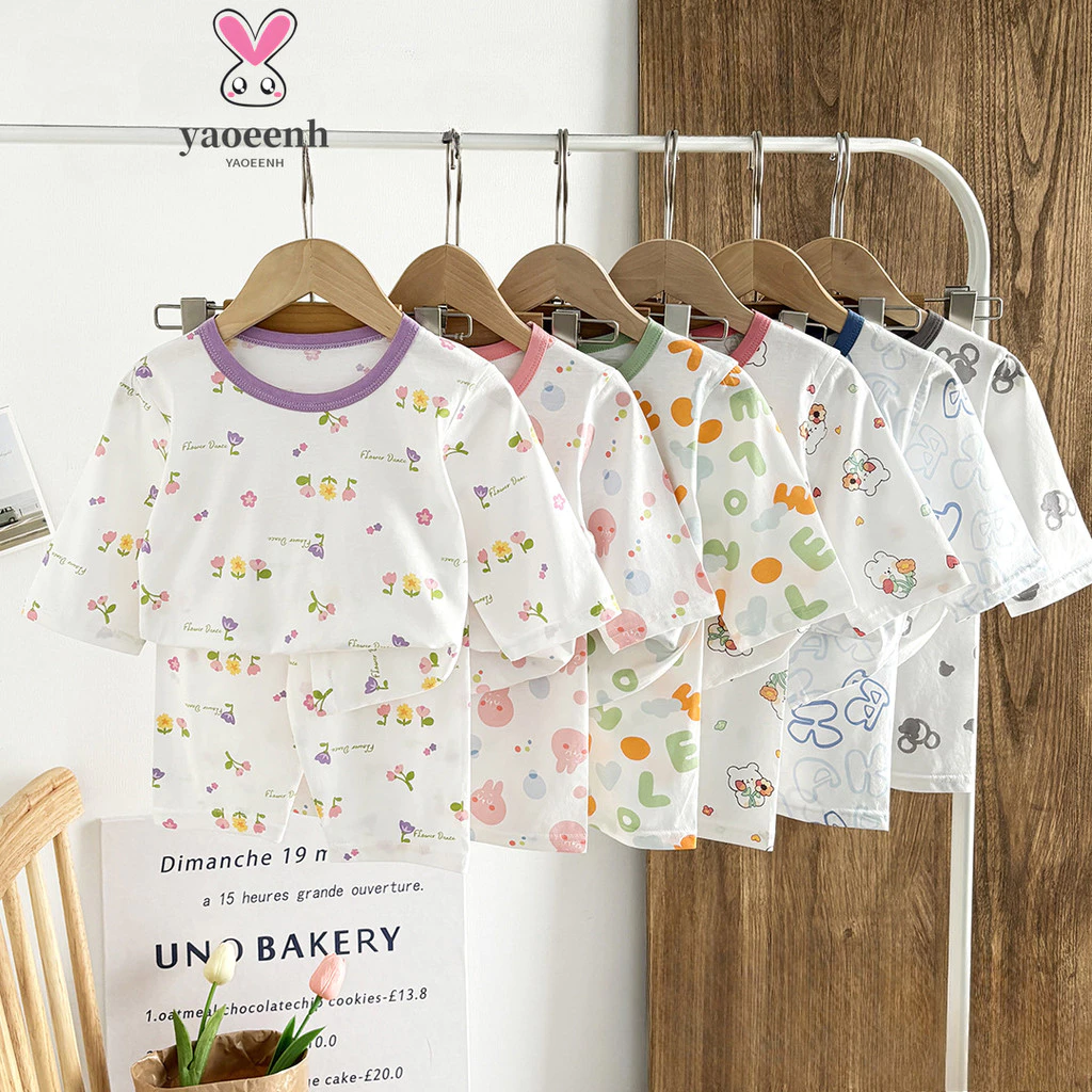 【YAOEENH】80-140CM Mùa Hè Bé Trai Bé Gái Cotton Nguyên Chất Điều Hòa Không Khí Phù Hợp Với Nhỏ Vừa Trẻ Em Mỏng Phong Cách Băng Ba Phần Tư Tay Áo Homewear Hàng Sẵn Có Vận Chuyển Nhanh