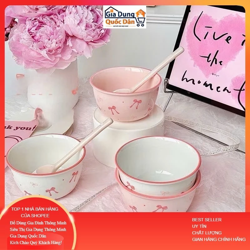 Bát Sứ Dễ Thương Nơ Xinh, Happy Pig Heo Hồng, Bơ Sữa, Gấu Trúc Panda Set 2 Bát 2 Thìa Bát Ăn Dặm Cho Bé