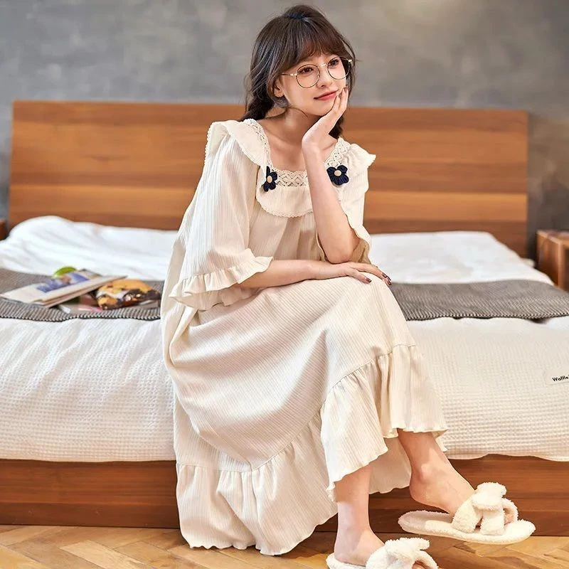 [Sẵn Sàng] Bộ Đồ Ngủ Nữ Tay Ngắn Váy Ngủ Ngọt Ngào Váy Ngủ Size Lớn Mặc Bên Ngoài Phong Cách Mỏng Màu Trơn Mùa Hè Học Sinh Dễ Thương Phong Cách Preppy Xuân Thu Váy Dài Rời Comfor