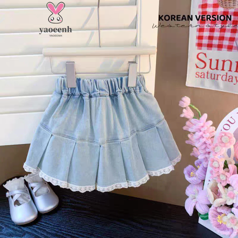 【YAOEENH】100-160CM Vừa Lớn Trẻ Em Váy Ren Dễ Thương Mùa Hè Bé Gái Hoạt Hình Quần Short Denim Hàng Có Sẵn Vận Chuyển Nhanh