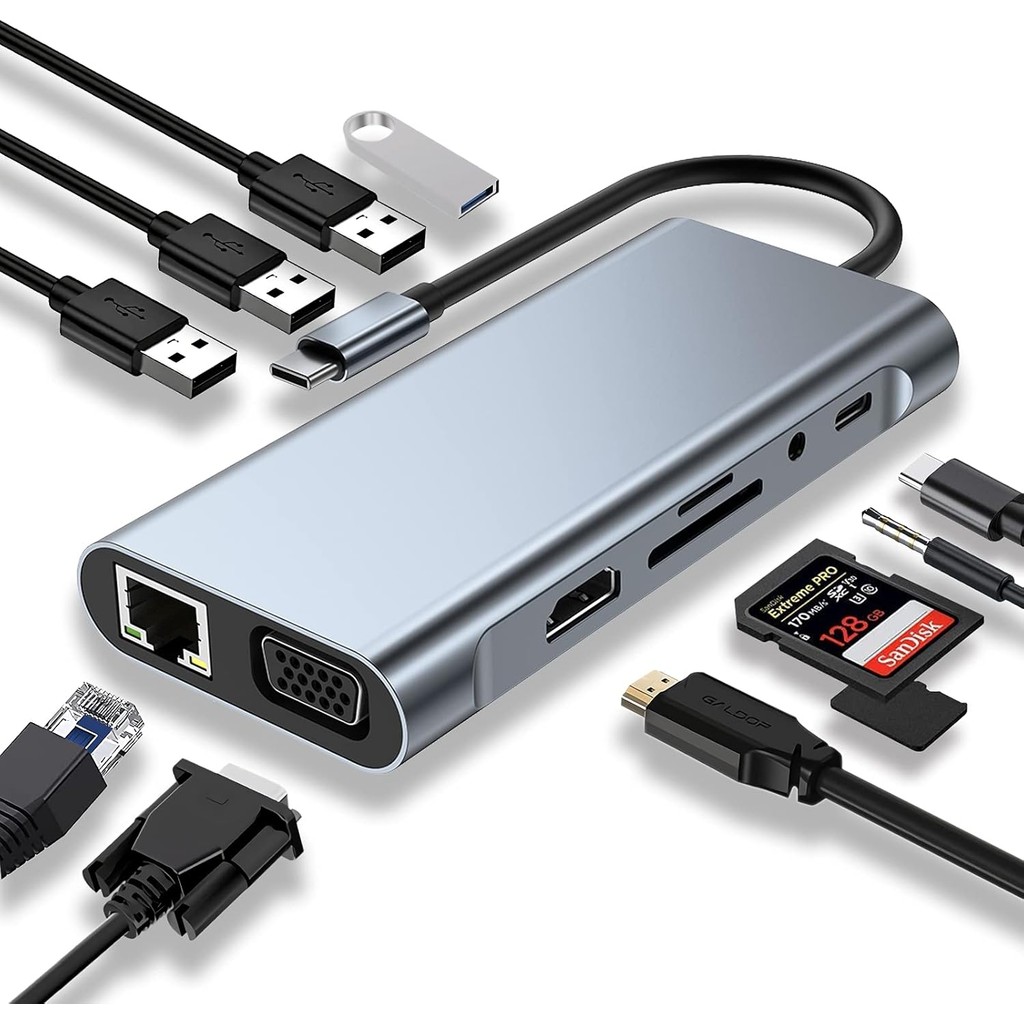 11 Trong 1 Nhiều USB Hub 3.0 Cổng Loại C Adapter Cho Notebook Laptop HD PD Sạc Âm Thanh VGA RJ45