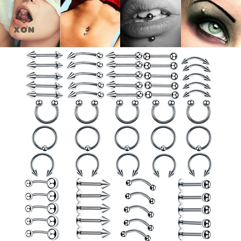 [XON] Bộ 60 Khuyên Xỏ Mũi / Chân Mày / Môi / Cơ Thể Bằng Thép