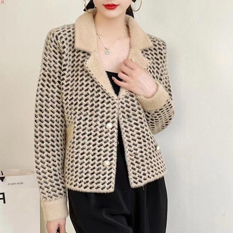 Mùa Thu Đông Nữ Áo Houndstooth Phù Hợp Với Cổ Áo Dệt Kim Cardigan Ngắn Giả Chồn Nhung Thường Ngày Top