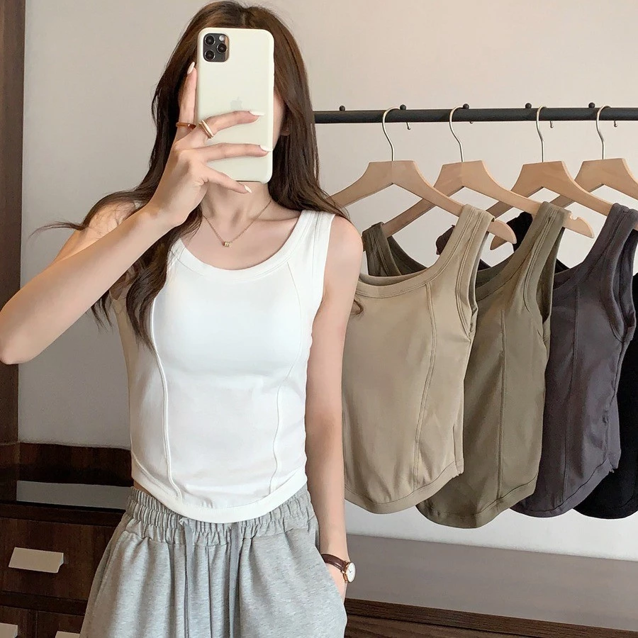 Áo camisole nữ cotton nguyên chất phong cách Hàn Quốc có áo ngực tích hợp, áo sơ mi lớp trong màu đồng nhất