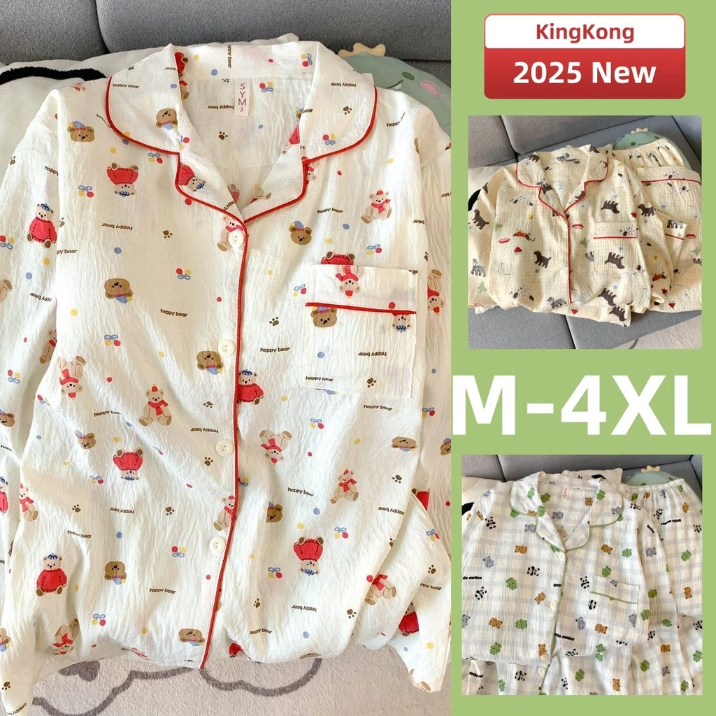Bộ Đồ Ngủ Cotton Nữ M-4XL Plus Kích Thước Bộ Đồ Ngủ Mùa Xuân Thu Dài Tay Đồ Ngủ Người Phụ Nữ Hoạt Hình Dễ Thương In Hình Mặc Nhà Mỏng