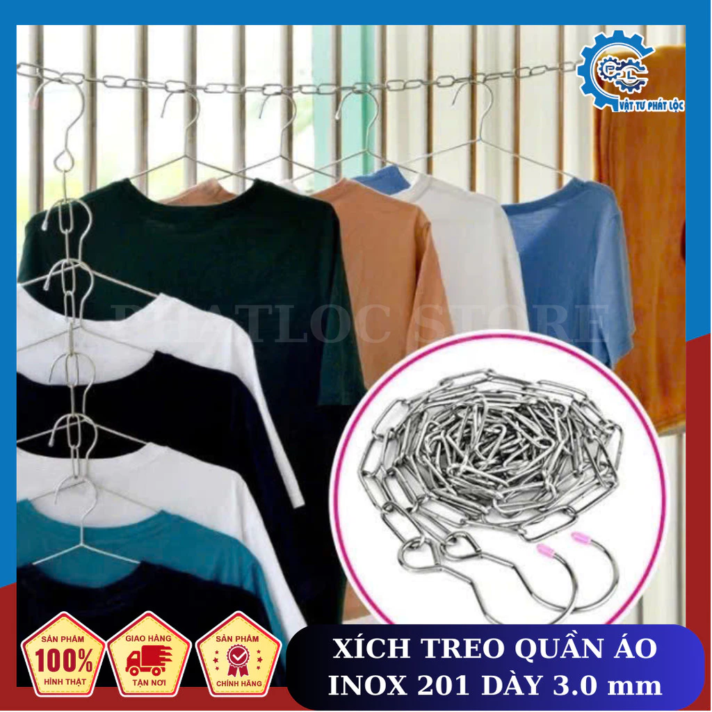 Dây phơi đồ dạng dây xích 2 đầu móc inox không gỉ, dây phơi quần áo, dây phơi treo quần áo có 2 móc, inox cao cấp dày