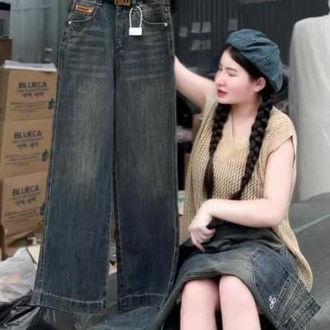 (95cm)- Quần Jean Nữ Ong Suông Thêu Nơ ,Wash màu rêu  Đủ Size S/M/L ( S01 - Quần suông nấm ) 810
