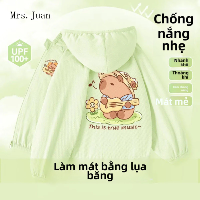 Áo khoác chống nắng bé gái hình Capybara – Vải lạnh mỏng nhẹ, khô nhanh, có mũ che nắng, UPF100+