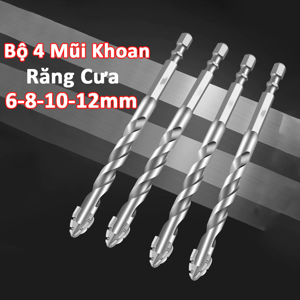 Bộ 4 Mũi Khoan Đa Năng Đầu Răng Cưa Thế Hệ Mới, Độ Cứng Cao, Chuyên Khoan Gạch Men, Đá, Bê Tông Phi 6 8 10 12mm