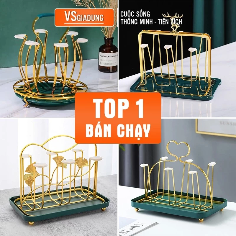Giá úp cốc kèm khay mạ vàng chống han gỉ kèm mút silicon phong cách Bắc Âu - VS271