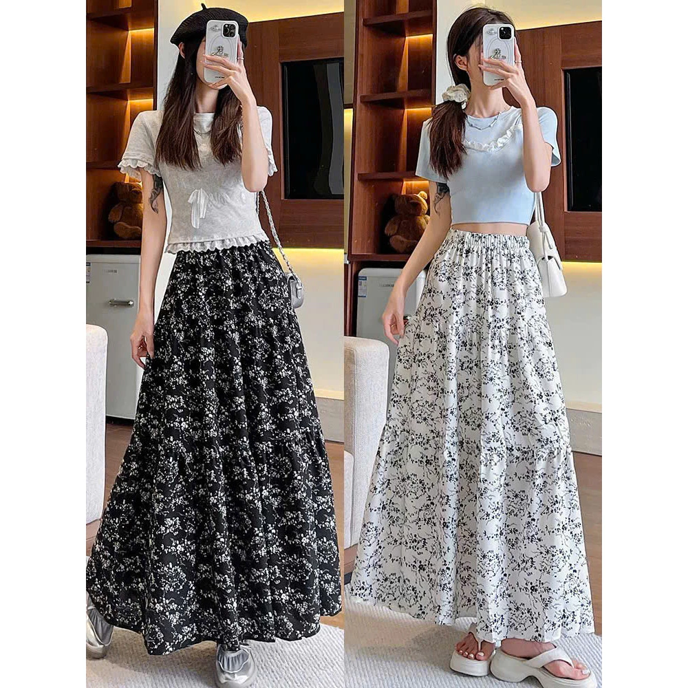 Chân váy hoa vintage 2 lớp vải lụa, dáng dài mặc đi chơi dạo phố mùa hè, chân váy hoa dài 90cm Joile