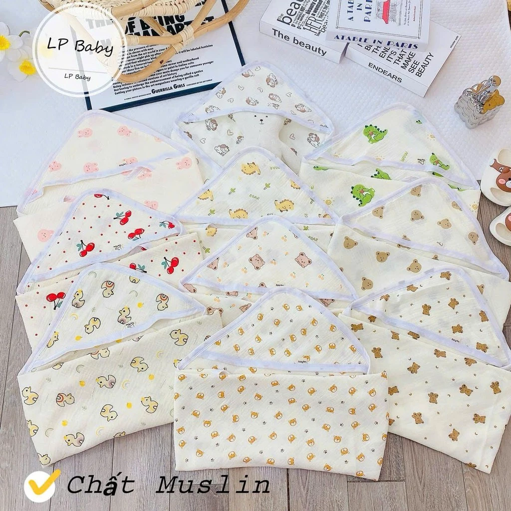 Ủ Choàng Xô Muslin, Chăn Quấn Kèm Mũ Cho Bé Cotton Mềm Mại Kháng Khuẩn Tự Nhiên Kem