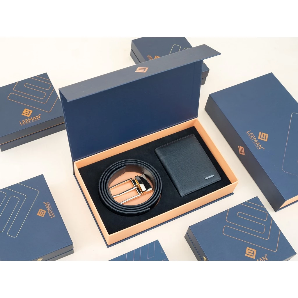 Combo Ví Da Thắt Lưng Nam Fullbox Làm Quà Tặng Bạn Trai Chính Hãng LEEMAN Amos Phom Đứng