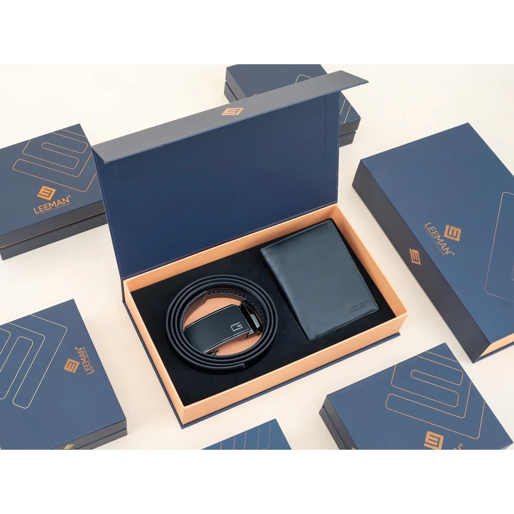 Set Ví Thắt Lưng Nam Da Bò Thật Chính Hãng LEEMAN V126 Phom Đứng Miễn Phí In 5 Hình Fullbox Làm Quà Tặng
