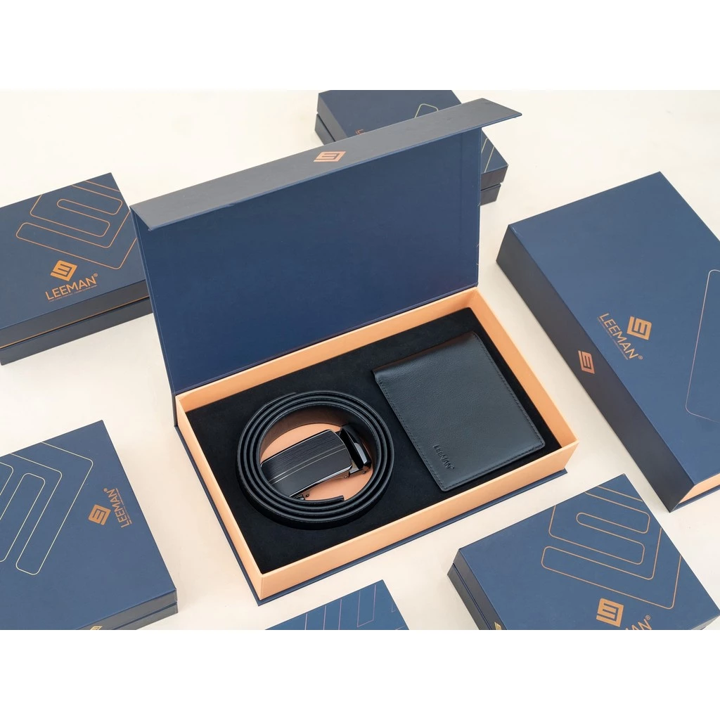 Combo Ví Thắt Lưng Nam Fullbox Chính Hãng LEEMAN V126 Phom Ngang Làm Quà Tặng Bố, Tặng Người Yêu