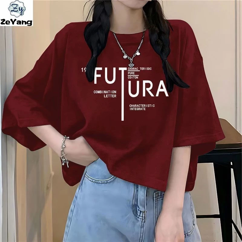 [ZY] S-3XL Hàng có sẵn Áo thun ngắn tay thông thường dành cho nữ Rượu vang đỏ in hình ngắn T dáng rộng Áo sơ mi đáy thời trang Hợp thời trang Top All-Match Top Hal