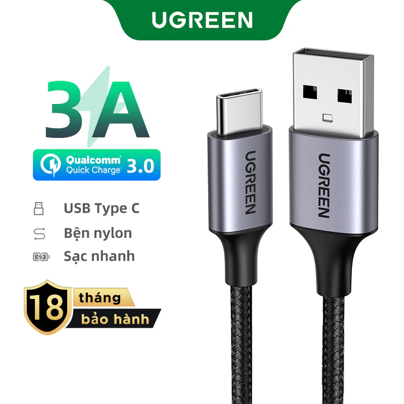 Cáp sạc nhanh UGREEN 3A 18w Type-C USB-C nylon bện thích hợp cho Redmi Xiaomi 13 12 Pro Samsung galaxy s22 one plus