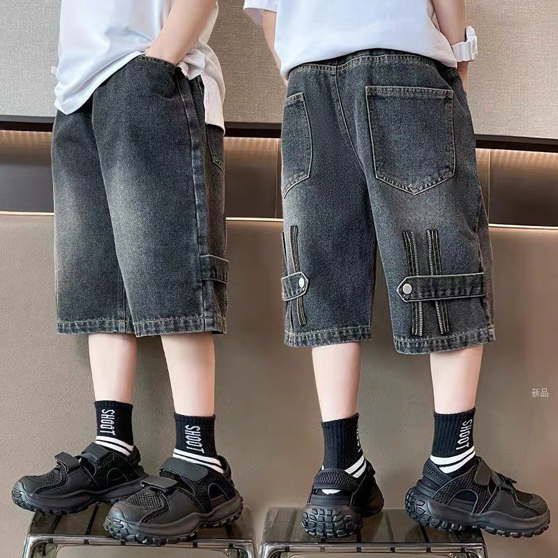 (24-55kg ) Quần Jean Ngố Khoá Họa Tiết Phong Cách Cá Tính Cho Bé Trai, Cạp Chun, Mùa Hè