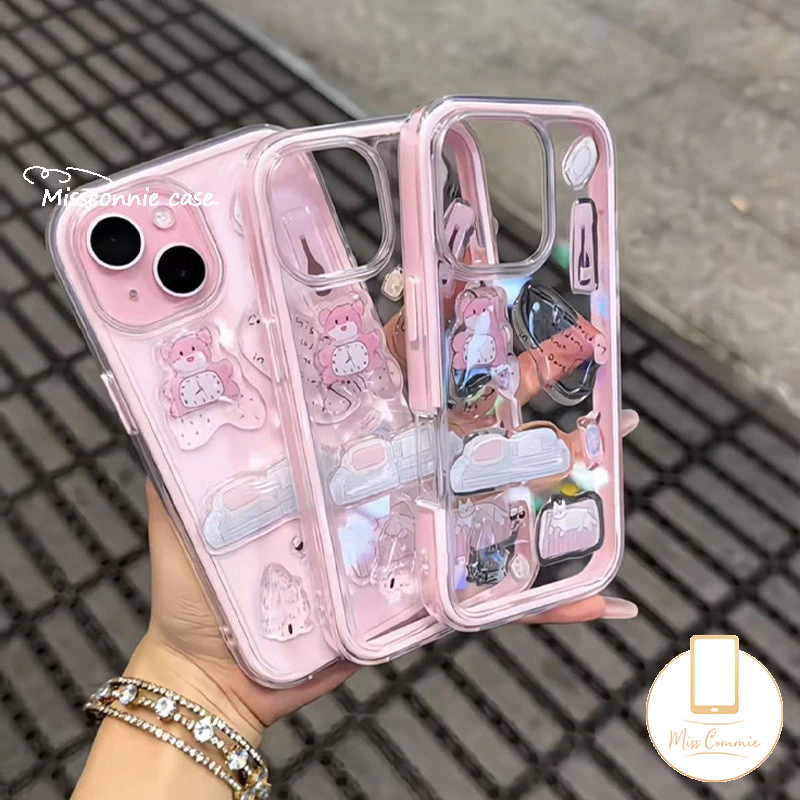 Ốp điện thoại mềm mờ màu hồng dễ thương 2 trong 1 sang trọng Tương thích cho IPhone 17 15 13 16 14 11 12 Pro Max Air 15 14 16 Plus Phim hoạt hình DIY chống nước Jelly Sticker Bear Kitty Case