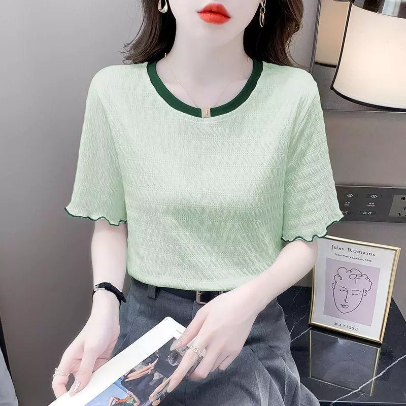 [Seckill trong thời gian có hạn] Thiết kế cảm giác phù hợp thời trang màu sắc tương phản cổ tròn tay ngắn cho nữ Áo thun ngắn tay họa tiết dáng rộng cao cấp dành cho nữ