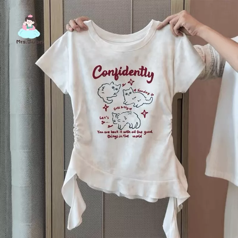 Áo thun bé gái in hình chó dễ thương – Thiết kế lệch tà độc đáo, cotton mềm mại, mặc hè thoáng mát