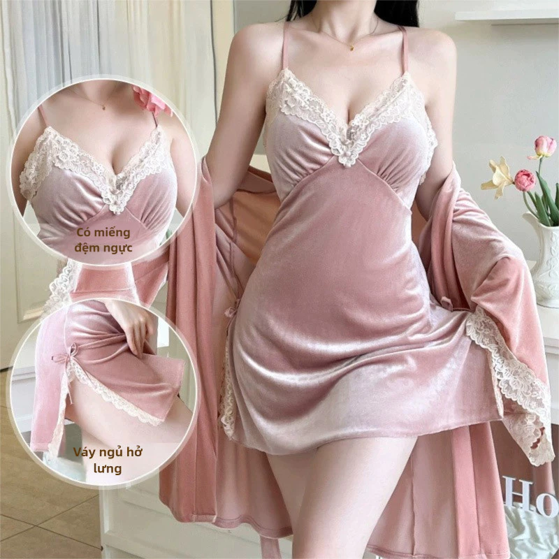 Bộ đồ nhung thời trang thu đông, gồm cardigan và váy ngủ, thiết kế tinh tế cho bạn gái