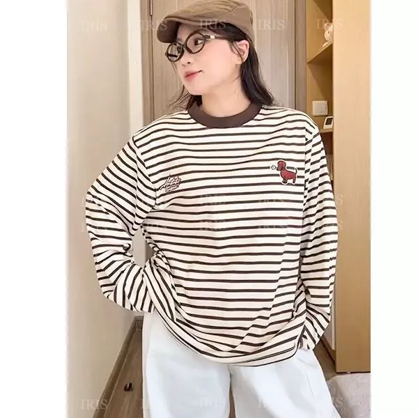 Áo Thun Tay Dài Kẻ Sọc Unisex Họa Tiết Cún Xinh, Áo Phông Form Rộng Boxy Long Sleeve Cổ Tròn Phong Cách Hàn