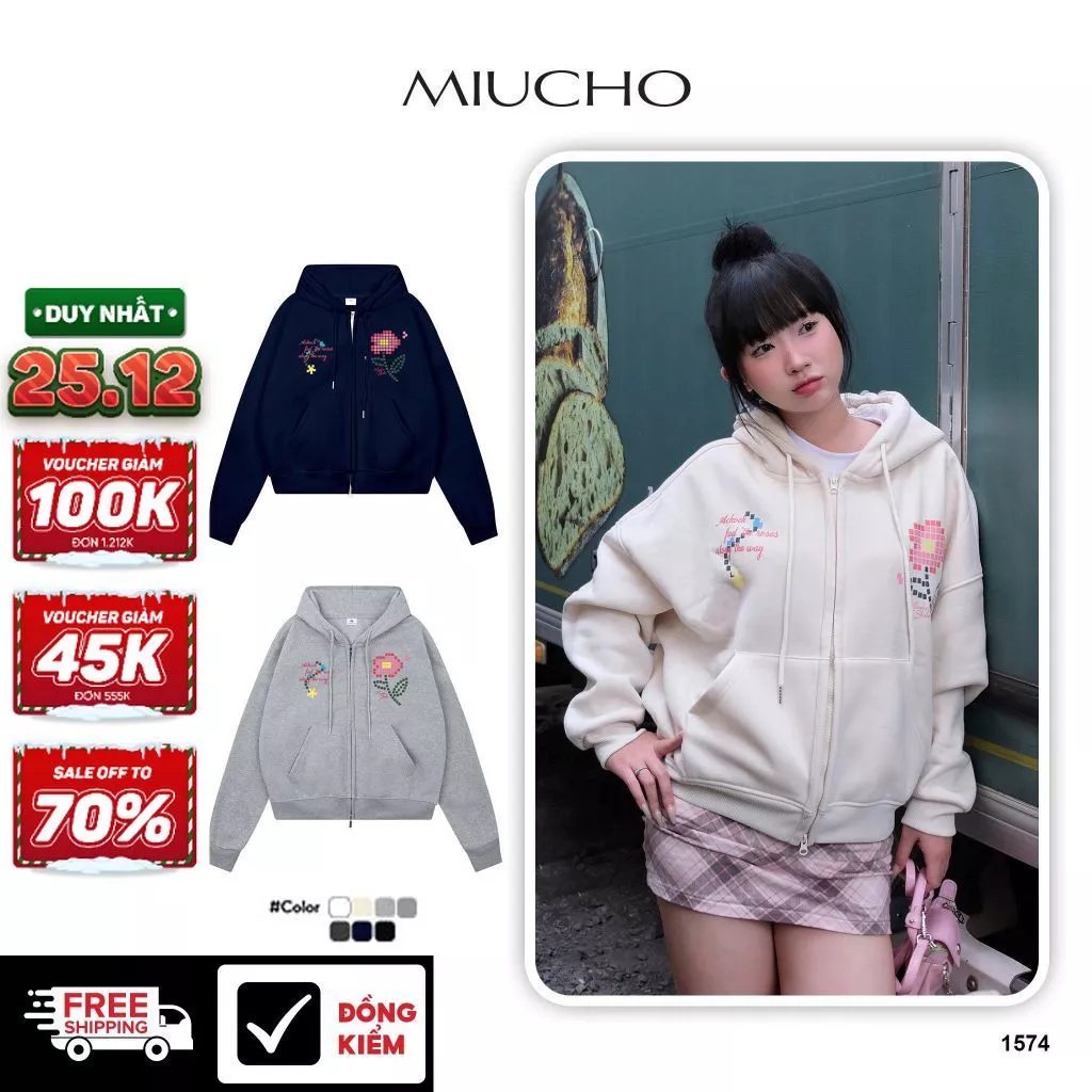 Áo Khoác Hoodie Zip Boxy MIUCHO Nỉ 2 Da Dày Dặn Thấm Hút Tốt Mũ Rộng Khóa Kéo In Mix HXD1574